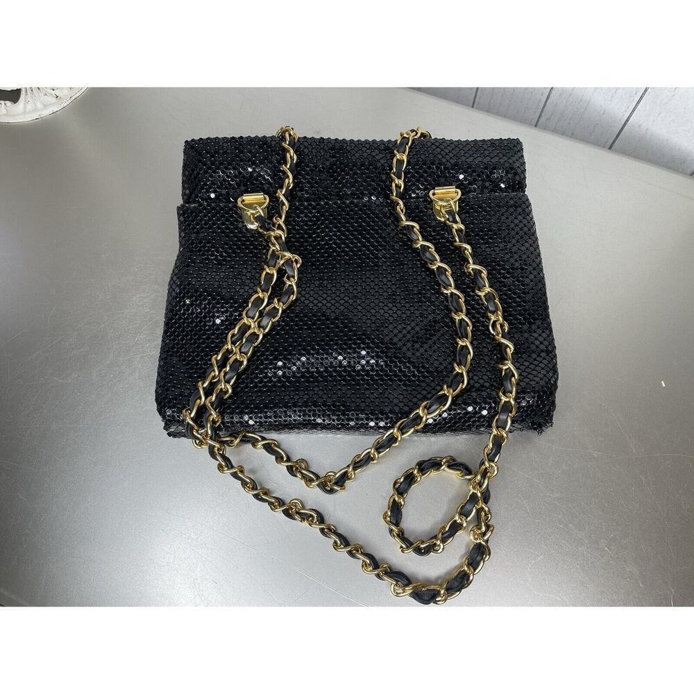 Vintage Black Mesh Purse Gold Tone Metal Chain Strap Evening Flapper Bag